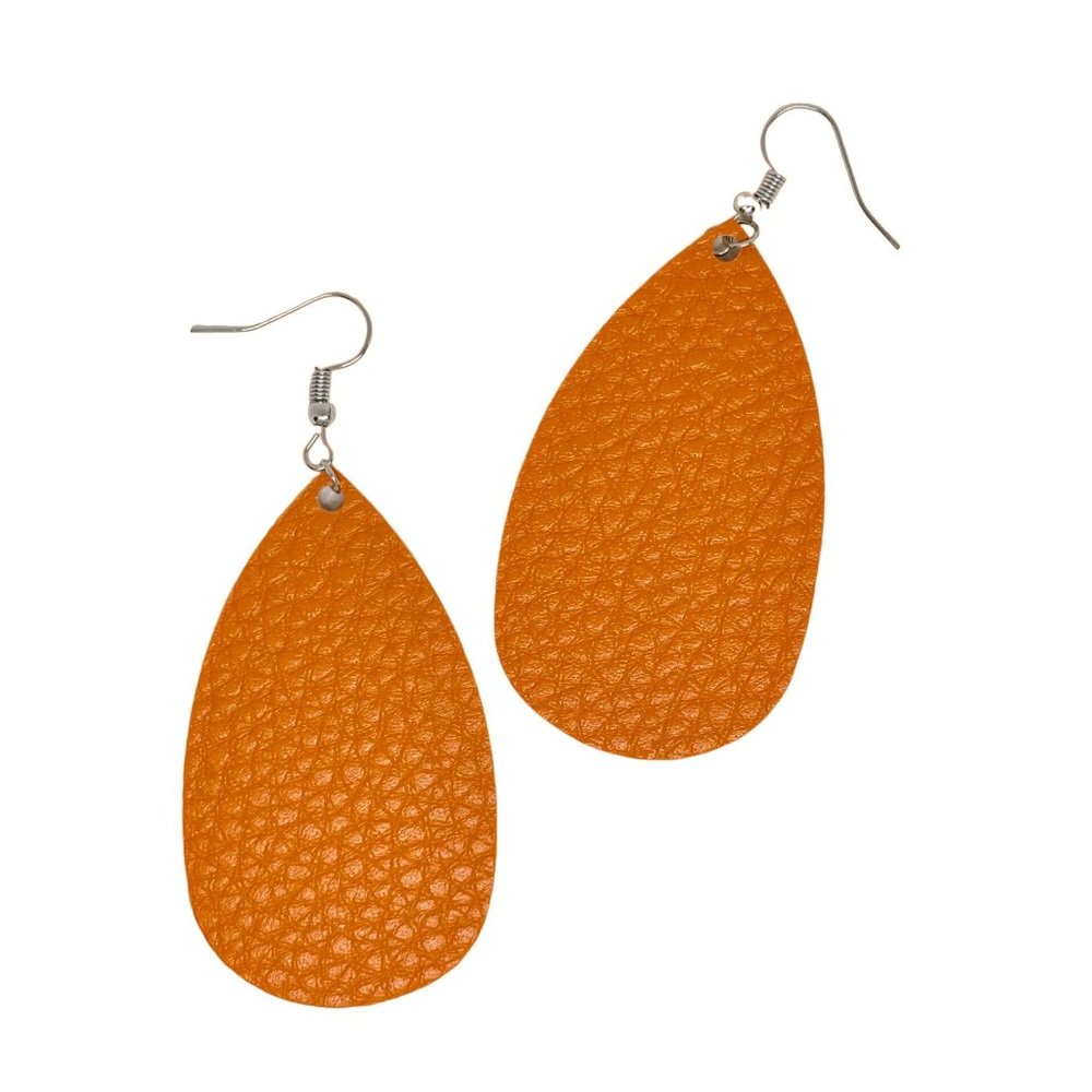 Teardrop Earrings Faux Leather in Bright Orange Textured New Lightweight